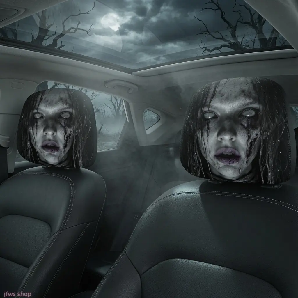 2026 New Double-Sided Printed Horror Scary Face Car Headrest Covers Elastic Universal Fit Creepy Ghostly Design Auto Interior Accessory for Men Women Daily Driving Hot Trendy Fashion homeessentials, Car Accessories, Accessories For Car