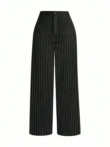 Women's Petite Pinstripe Straight Leg Pants Elastic Waist Structured Drape Trousers Elegant Office Workwear Business Casual Trendy
