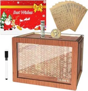 10000 Larger Size Savings Challenge Box for Adults and Kids, Wooden Cash Money Savings Box with Coin Counter, Piggy Bank with Dry Erase Pen, Dollar Money Bank, Fun Educational Saving Challenge, Birthday and Holiday Gift for Children and Adults  Ornaments