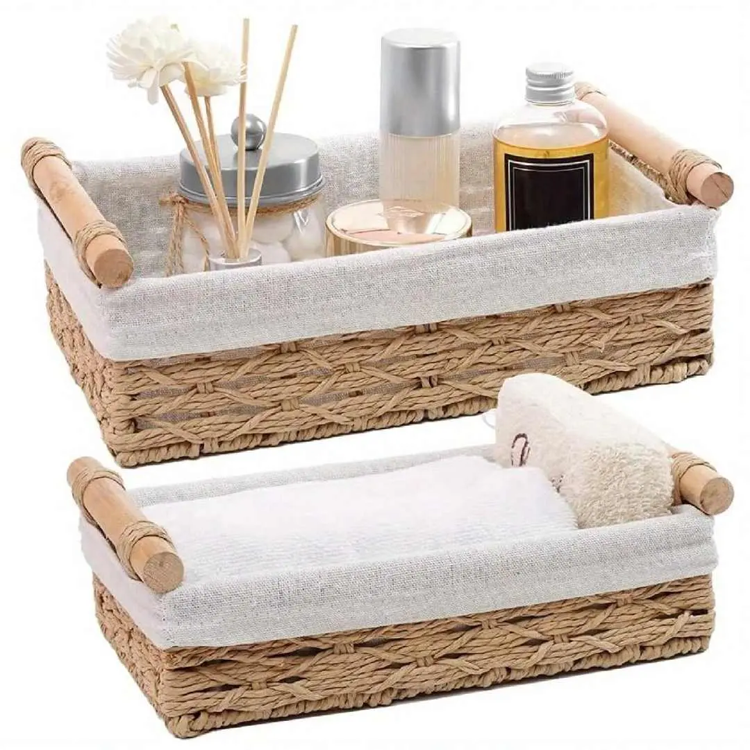 Set of 2 Wicker Storage Baskets with Handles for Countertop & Toilet Paper Organizing Decorative Bins for Bathroom & Kitchen Use Small Baskets for Toiletries and Small Items