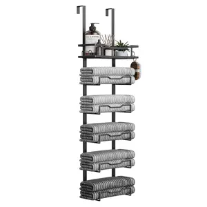 Contemporary Metal Over-the-Door Towel Rack - Vertical Storage Organizer for RV, Camping, Small Bathrooms | No-Drill Installation, Black Nickel Finish, Includes Shelves for Toiletries and Decor, RV Bathroom Storage, Bathroom Organizing Accessories