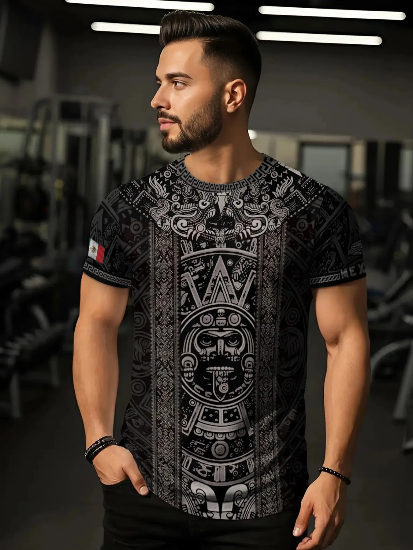 Aztec Sun Stone Pattern Mexico Heritage Shirt, Fitted Casual Sporty Style for All Seasons, Unique Graphic, Ethnic and Animal Print Design, Streetwear Menswear