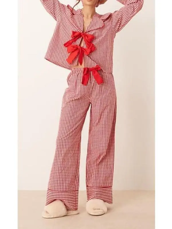 Women Ruffle Pajama Set Long Puff Sleeve Babydoll Shirt Pants Set Gingham 2 Piece Lounge Outfit Sleepwear