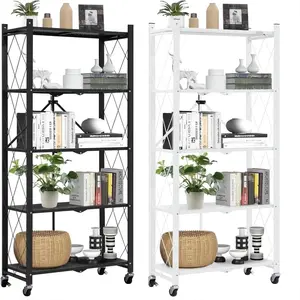 5-Tier Home Metal Foldable Storage Shelf Rack, Lightweight & Waterproof Modern Shoe Organizer, Space-Saving Rolling Bookshelf, Versatile for Kitchen & Pantry Use Living Room, Office