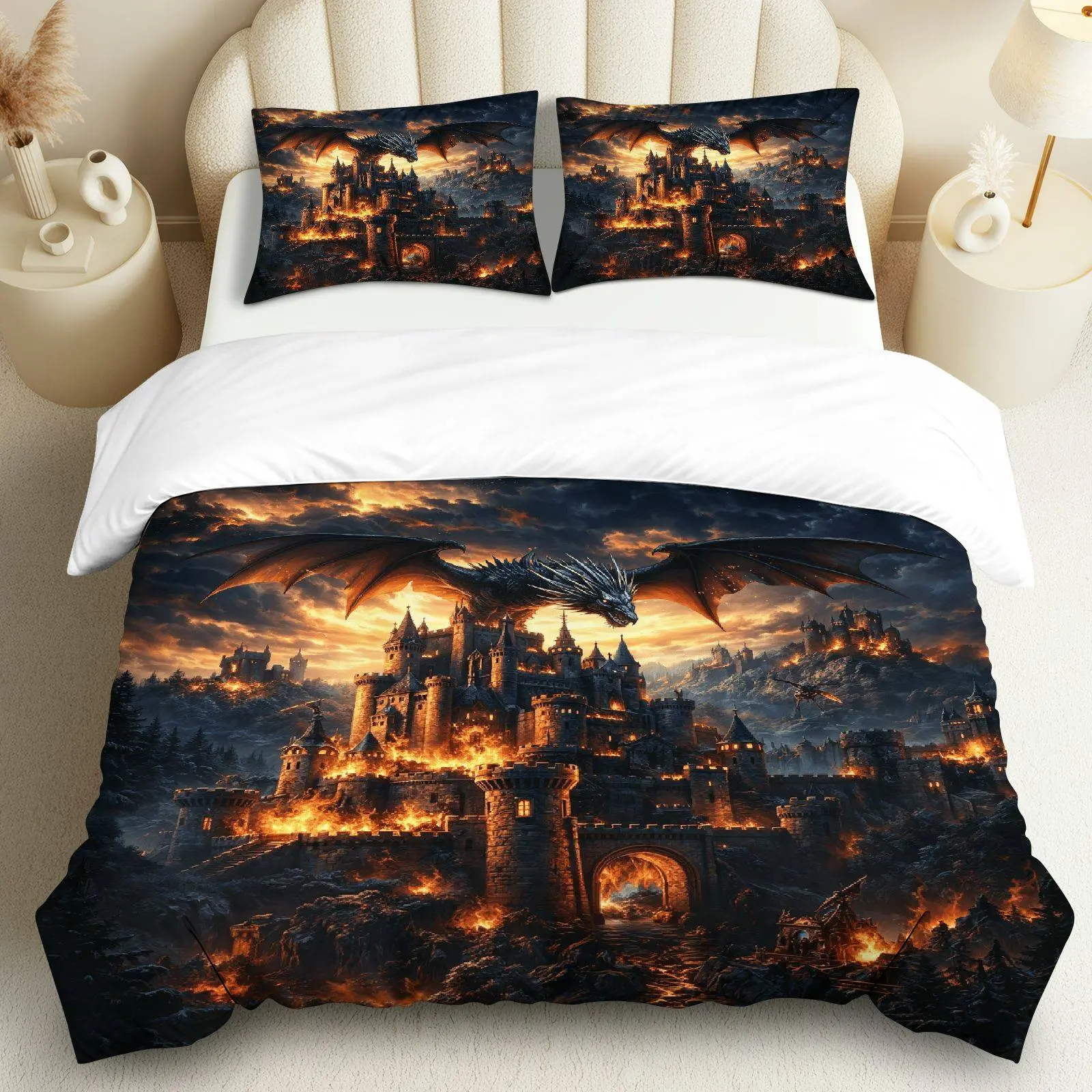 3PCS Duvet Cover Set, 1 Duvet+2 Pillowcases(Without filler), Dragon Castle Fantasy Medieval Epic theme, Halloween bedding set, Mythical Creatures Bedding Suitable for decoration Bedroom, Guest Room, Dormitory, Living Room.