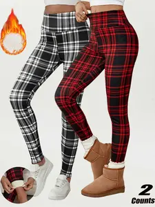 Women's Winter High Waist Fitted Plaid Fleece Lined Pants, Elastic Warm Lamb Velvet Nine-Point Stretchy Soft Leggings, Casual Fashion Bottom S-Xxl