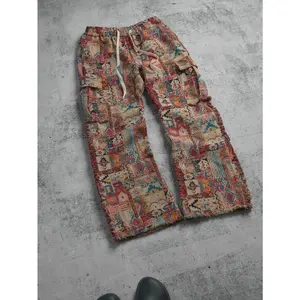 Mens Ethnic Vintage Patchwork Jacquard Drawstring Pants  Bohemian Ruffle Straight-Leg Style, New for Spring/Summer 2026