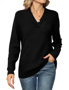 Women Long Sleeve V Neck Pullover Collar Knitted Sweaters