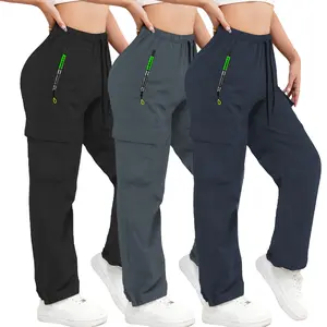 3-pack women’s athletic casual cargo pants with zippered pockets; these pants feature stylish large pockets and an elastic waistband with adjustable drawstring; slim-fit long pants suitable for casual wear.