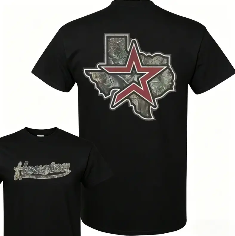Men's Vintage Houston Texas Camo Star Graphic T-Shirt - Unisex Streetwear Outfits, Heavyweight Short-Sleeve Cotton Top, Outdoor Red Casual Daily All-Season Tee, Men's T Shirts, Vintage Graphic Tees, Cotton Graphic Tees