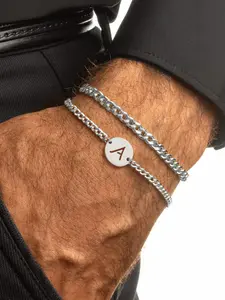 Men's Silver Color Stainless Steel Cuban Chain Bracelet Set, Casual Letter Pattern Multi-Layered Jewelry for All Seasons, Stainless Steel Bangle, Multilayered Bangles