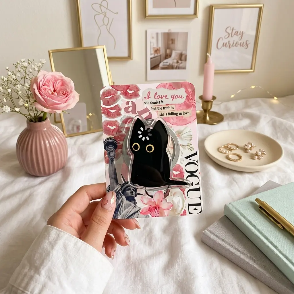 Funny Black Cat Phone Grip Holder Cute Loading Buffering Cat Griptok Stand Aesthetic Meme Cat Lover Phone Accessories Gift for Her Cat Mom Women Girls