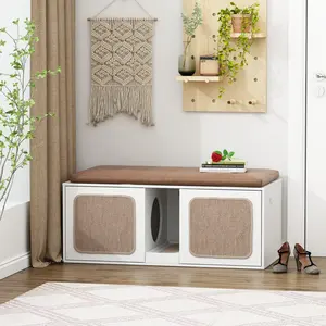 FUFU&GAGA Double Cat Litter Box Enclosure Furniture with Sisal Scratching Pads, 43.3" Cat Hidden Litter Box Furniture Cabinet with Litter Filter