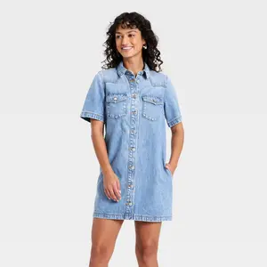 Women's Short Sleeve Denim Mini Shirtdress - Universal Thread