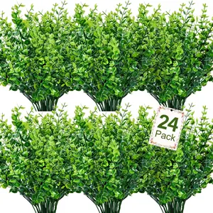 24 Pcs Artificial Greenery Stems Fake Decorative Plants Outdoor UV Resistant Artificial Cypress Boxwood Faux Plastic Boxwood for Kitchen Office Garden Porch Farmhouse Window Box Home Decor