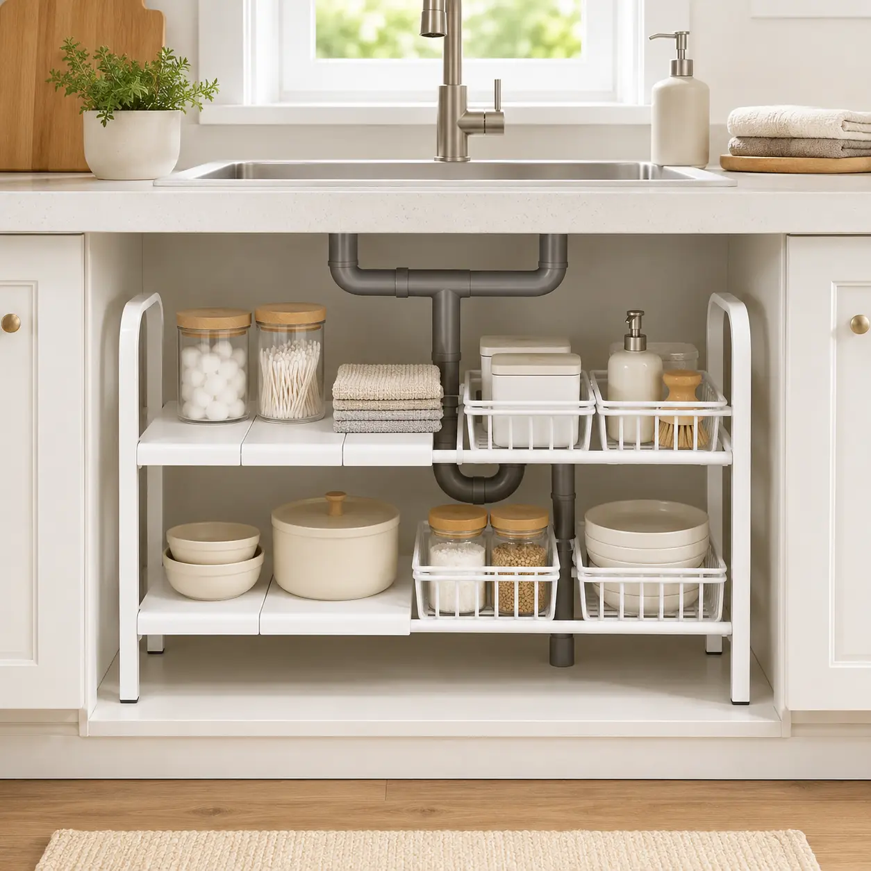 2-Tier Carbon Steel Rectangular Freestanding Under Sink Storage Organizer, Hollow Center Metal Rack, 4 Shelf Panels, 4 Removable Baskets, Pipe-Compatible Space Saver (Black/White Optional) for Kitchen, Bathroom with Bathroom Organizers