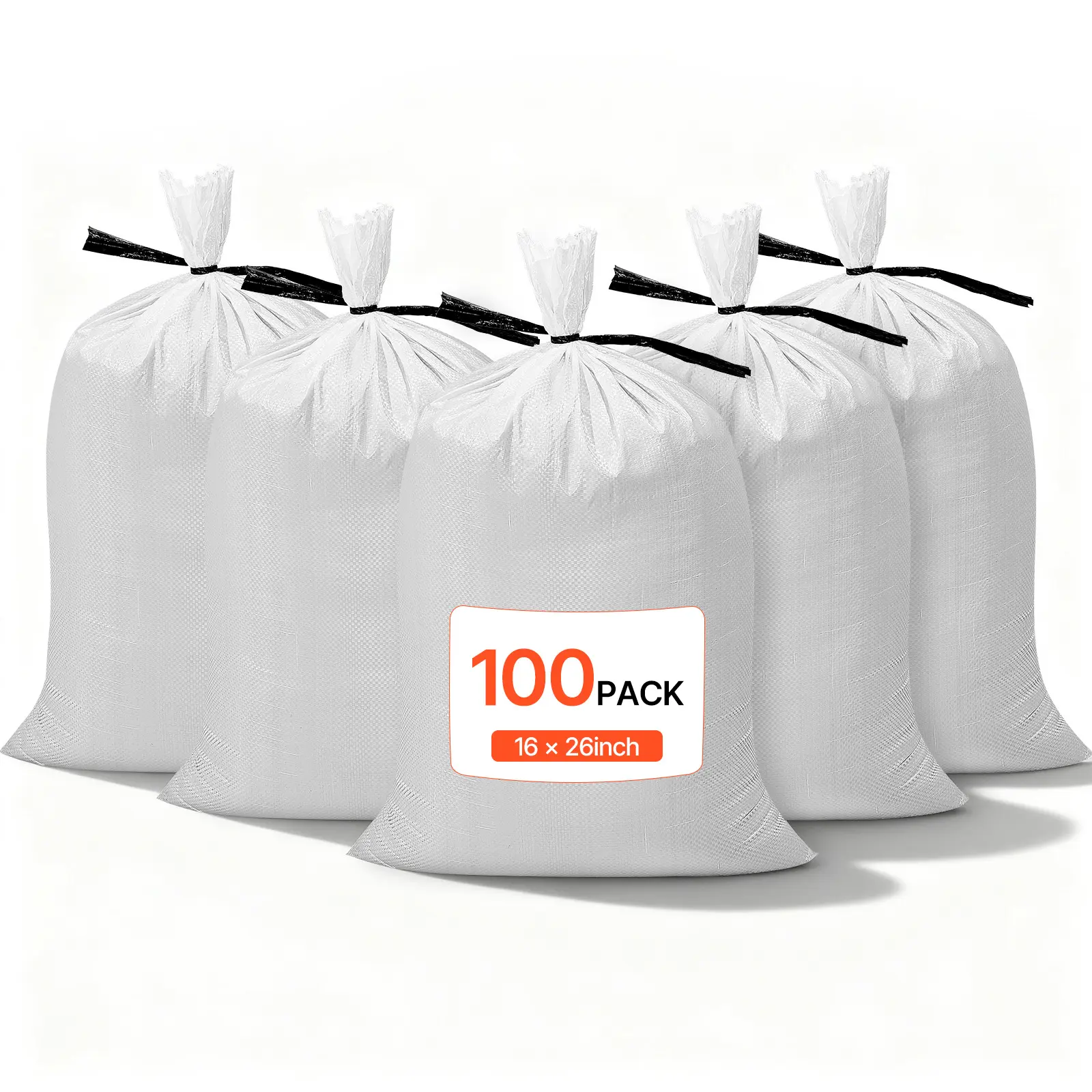 VEVOR Empty Sandbags, 100 Packs 16 x 26 in, Heavy Duty Sand Bags Sacks with Ties, 50lb Capacity Woven Polypropylene Sandbags, Tear-Resistant & UV-Resistant Sand Bags for Flood Protection Barrier