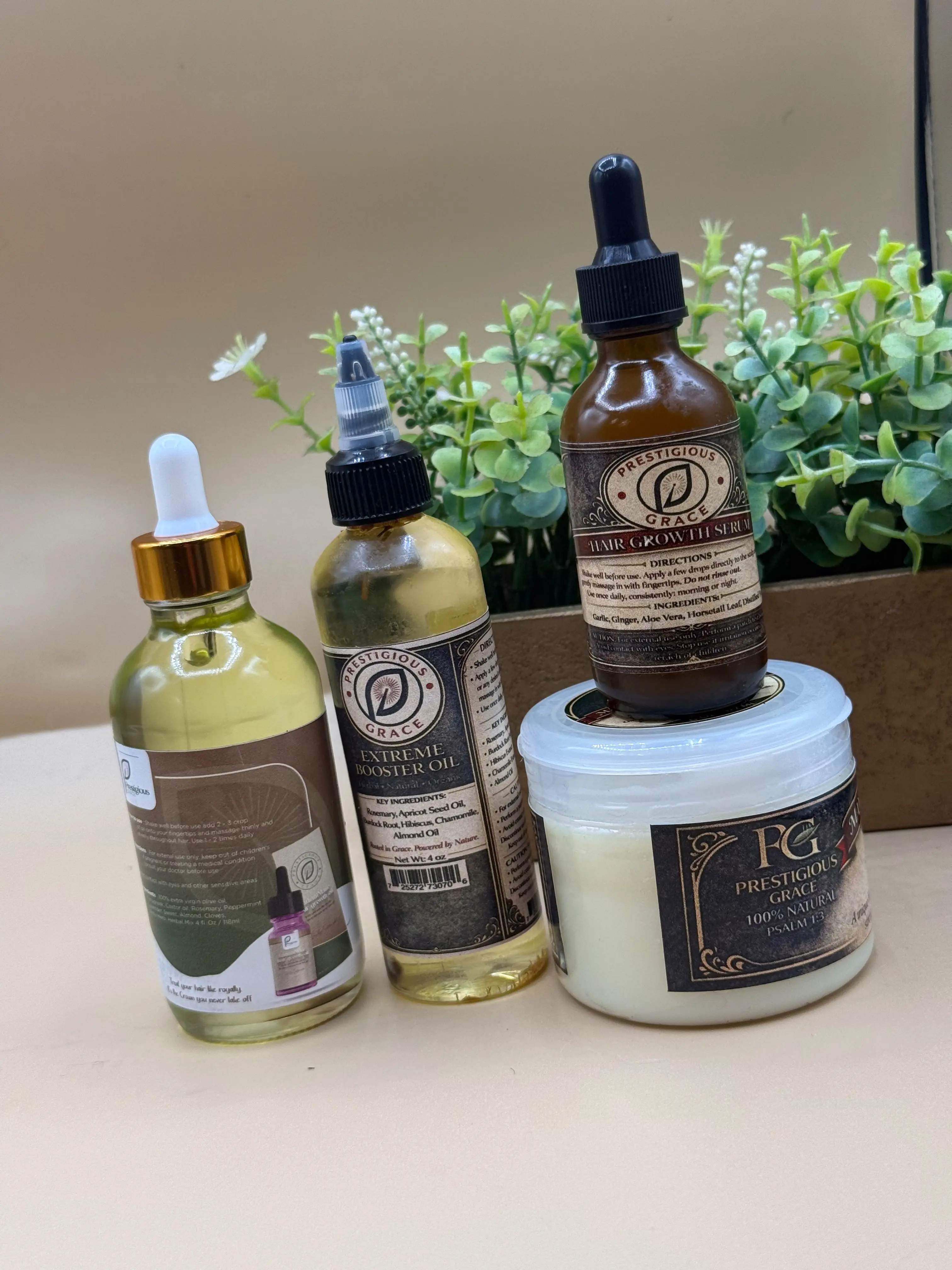 Prestigious Grace 4-Piece Hair Care Set includes Stimulation Oil, Extreme Booster Oil, Hair Growth Serum, and Pomade