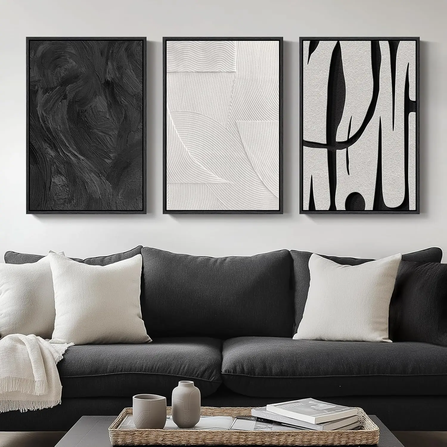 Framed Black and White Abstract Wall Art 3 Piece Modern Canvas Prints 16x24 In Minimalist Art for Living Room Bedroom Office Decor Ready To Hang