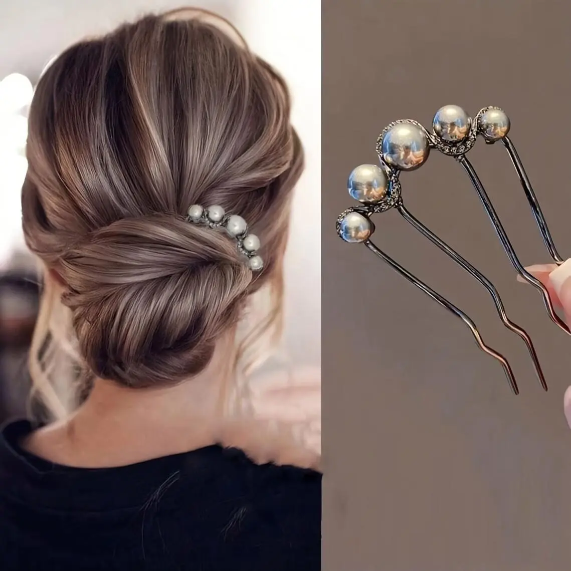 1pc Elegant Pearl Effect Beaded Hair Bun Maker by [Brand Name] - 4-Prong Stick Comb for Styling Curly, Long, and Thick Hair, Perfect for Updo's, Weddings, and Special Occasions