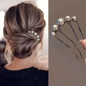 1pc Elegant Pearl Effect Hair Bun Maker by [Brand Name] - 4-Prong Stick Comb for Styling Curly, Long, and Thick Hair, Perfect for Updo's, Weddings, and Special Occasions