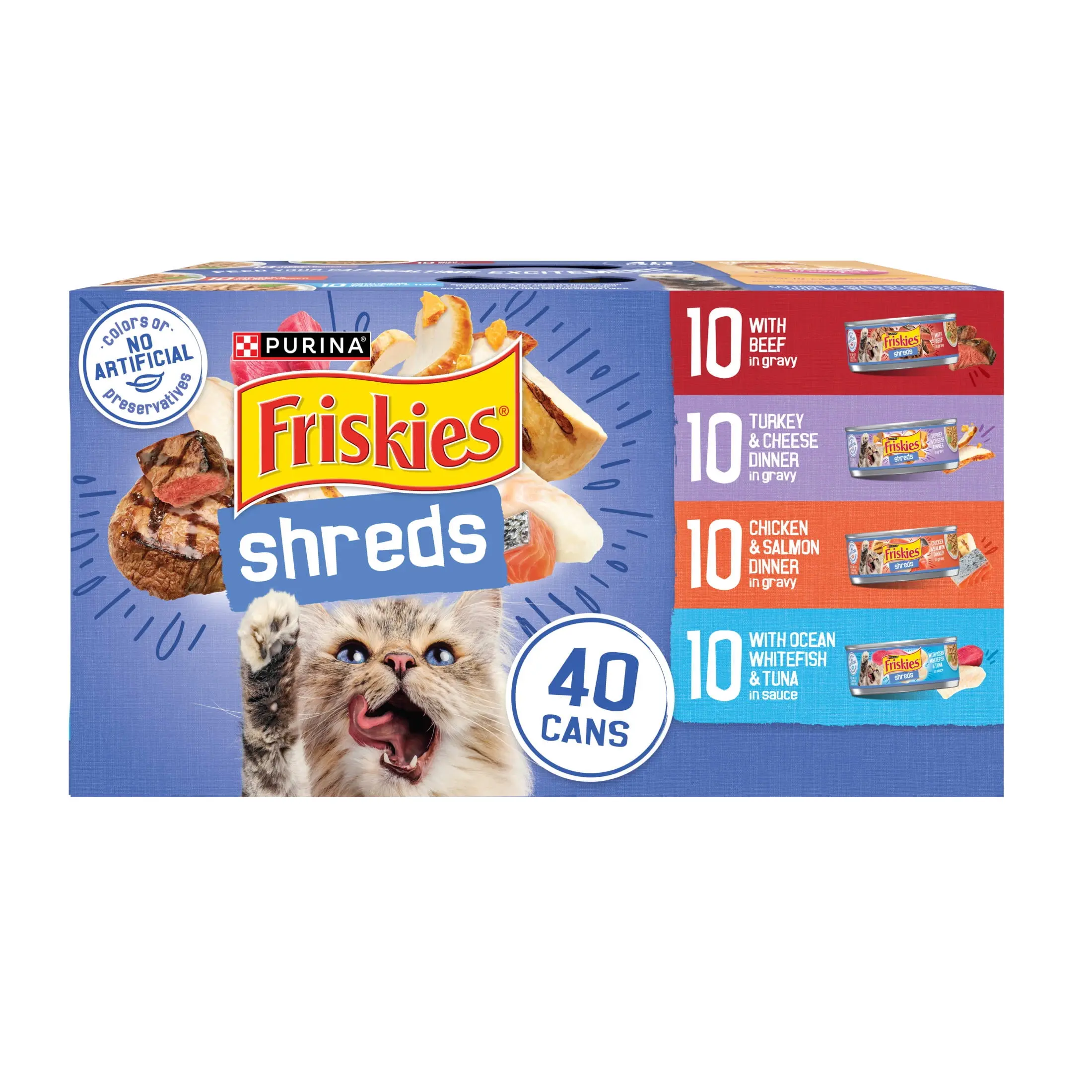 Purina Friskies Shreds Gravy Variety Pack Wet Cat Food For Adult Cats Kittens Real Meat 5.5 oz Cans Multi-Pack