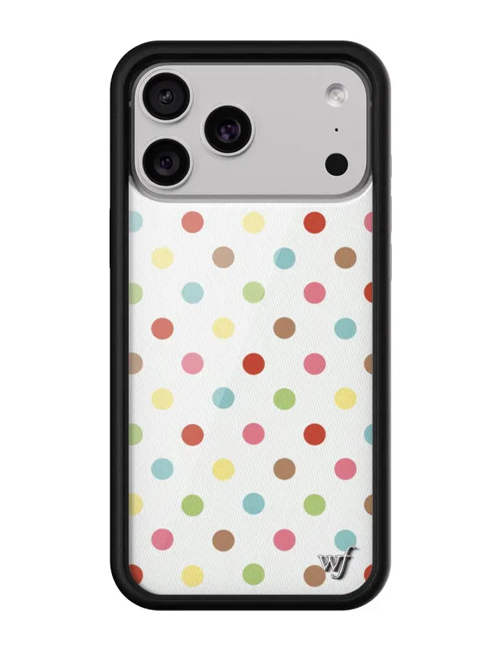 Confetti Polka Dots | Limited Edition Trendy iPhone Case | Raised Protective Black Bumper | Women Owned Small Business | White Background Confetti Blue Green Yellow Brown Polka Dots | Safety Casing Protective | Gift for Her