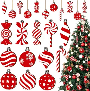Christmas Candy Lollipop Ornaments Set -24Pcs for Xmas Tree Decoration Wooden Hanging Peppermint Candy Cane Ball Pendants for New Year Home Decor Party Supplies (Red)