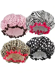 4 Pieces Shower Cap For Women, Elastic And Reusable, Cartoon Hair Bath Caps, Double Waterproof Layers Bathing Hat Sleep Bonnet