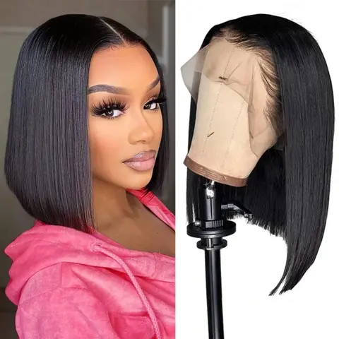 CHUDI Women's 13x6 HD Transparent Virgin Human Hair Straight Lace Front Bob Wig, 200-220 Density Short Adjustable, Pre-Plucked with Baby Hair, Natural Hairline, Soft & No Shedding, Hd Transparent Wig, Lace Front Bobs