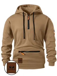 Men's Half-Zip Hooded Sweatshirt, Trendy Pocket Zipper Design, Letter Print, Loose Fit, Fall & Winter Casual Fashion, Hot Trending Hoodies, Printed Hoodie