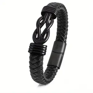 1pc Handmade Faux Leather Woven Men's Bracelet - Adjustable Black Braided Chain with Lobster Clasp, Durable Valentine's Day Gift for Boyfriend, Men's Fashion Accessory, Sophisticated Style
