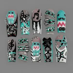 Custom Y2K Cute Monster Press On Nails, 3D Charm Kawaii Teal Nails, Early 2000s Statement Fake Nails, Handmade Artistic Baddie Nails, Reusable Made to Order Gift with Kit