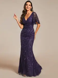 Ever-Pretty 2026 Corset dress Elegant Tulle Mermaid Gown with Deep V-Neck, Flutter Sleeves and Leaf Sequin dress  –  Party Glamour dresss 00693 Glitter Formal dress, Evening dress