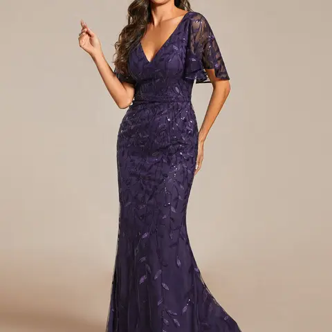 Ever-Pretty Women's 2026 Fit-Focused Polyester Corset Tulle Fishtail Formal Dress - Deep V-Neck, Ruffled Sleeves, Leaf Sequins, Belt, Glamorous Style, Cocktail, Homecoming Formal Wear, Women's Clothes Dresses 00693