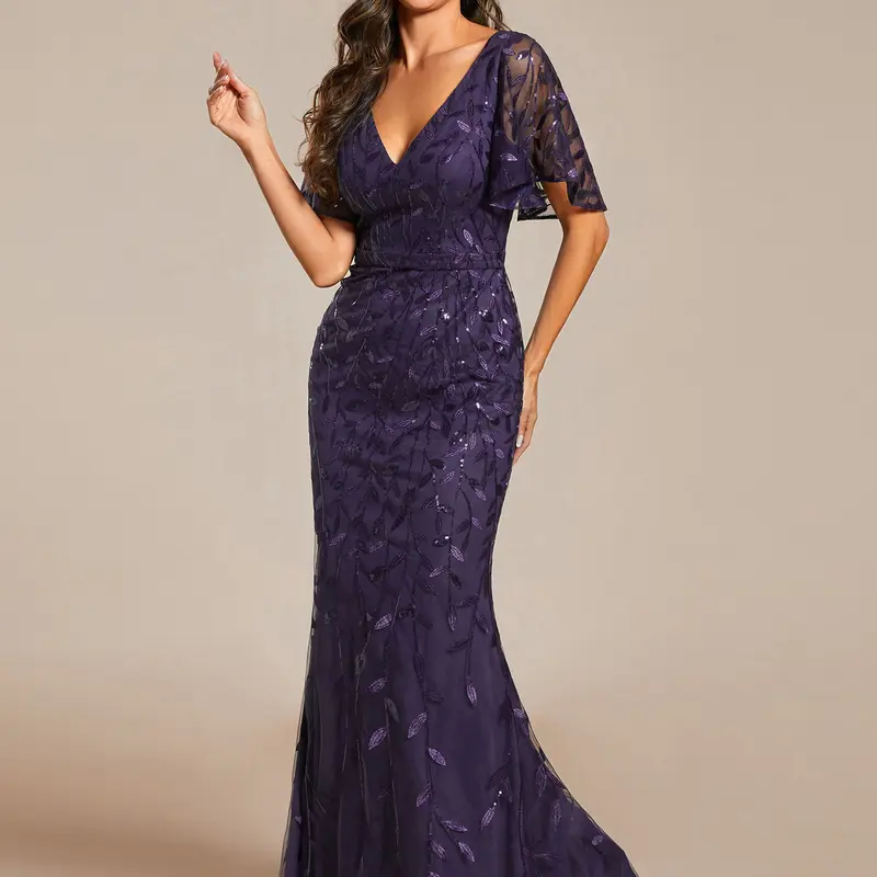 Ever-Pretty Women's 2026 Fit-Focused Polyester Corset Tulle Fishtail Formal Dress - Deep V-Neck, Ruffled Sleeves, Leaf Sequins, Belt, Glamorous Style, Cocktail, Homecoming Formal Wear, Women's Clothes Dresses 00693