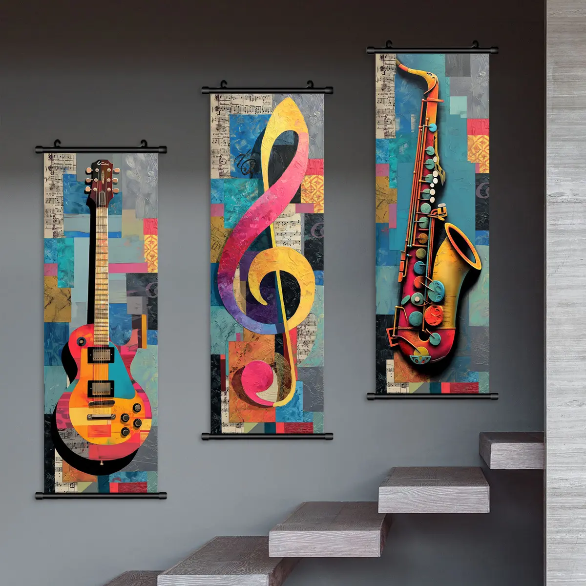 3-Piece Musical Instrument Art Posters, Modern Art Design, Colorful Music Lovers Artistic Wall Decor, Waterproof Living Room & Bedroom Decoration, Modern Home Decoration, Decoration Items