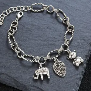 925 Sterling Silver Bear Charm Bracelet - Shiny Crystal Animal Design for Women