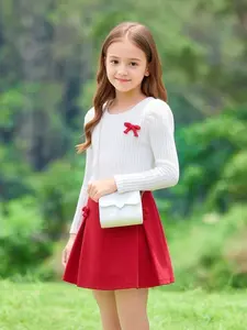 Cute Korean Style Girls' Bubble Sleeve Top & Butterfly Knot Skirt Set, Sweet Round Neck Long Sleeve, Perfect for Halloween Christmas