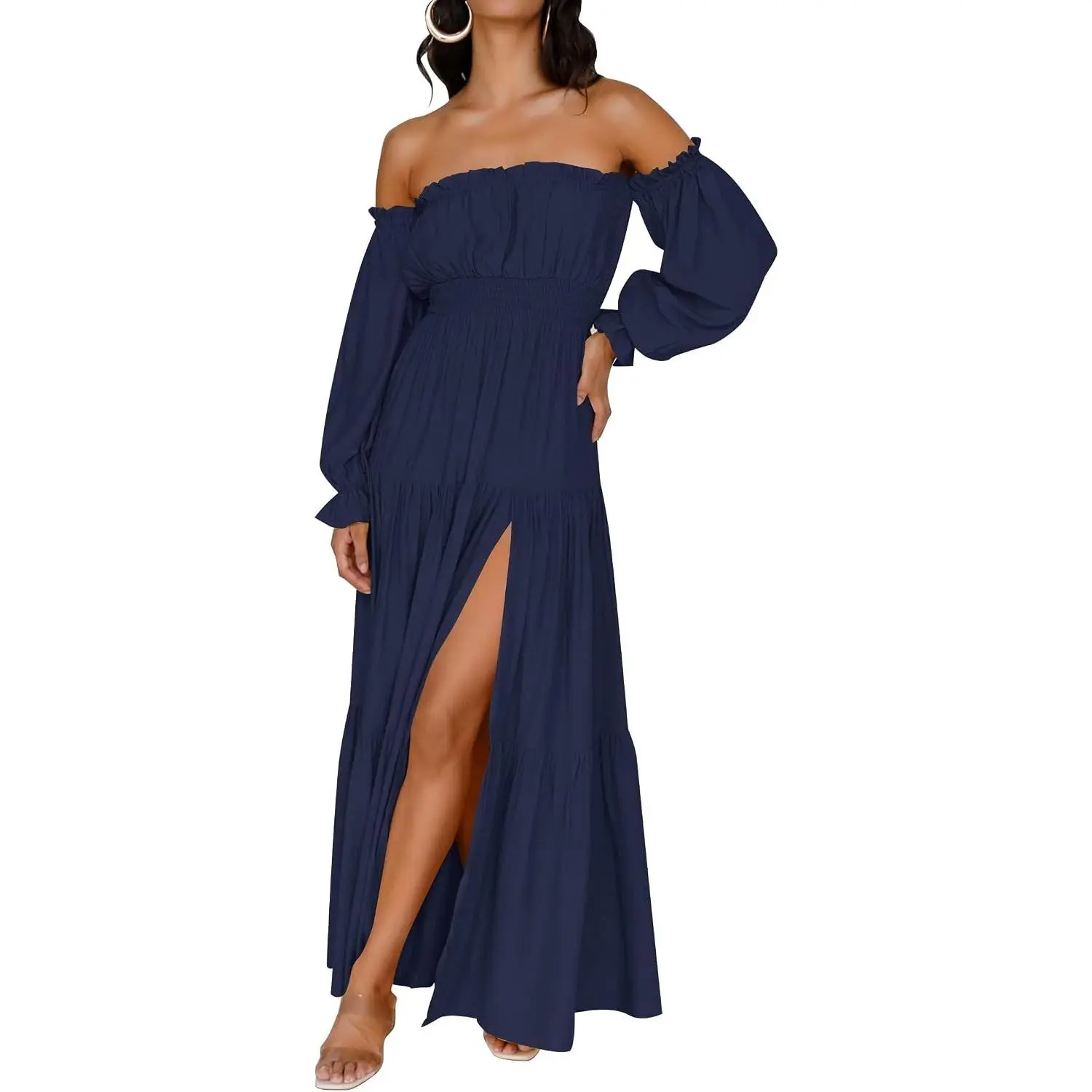 ZESICA Womens Fall Long Sleeve Boho Off Shoulder Maxi Dresses | Sexy Side Split, Flowy A Line, Puff/Lantern Sleeve, High Waist, 2026 Trendy Long Dress, Wedding Guest Dress, Maternity Dress