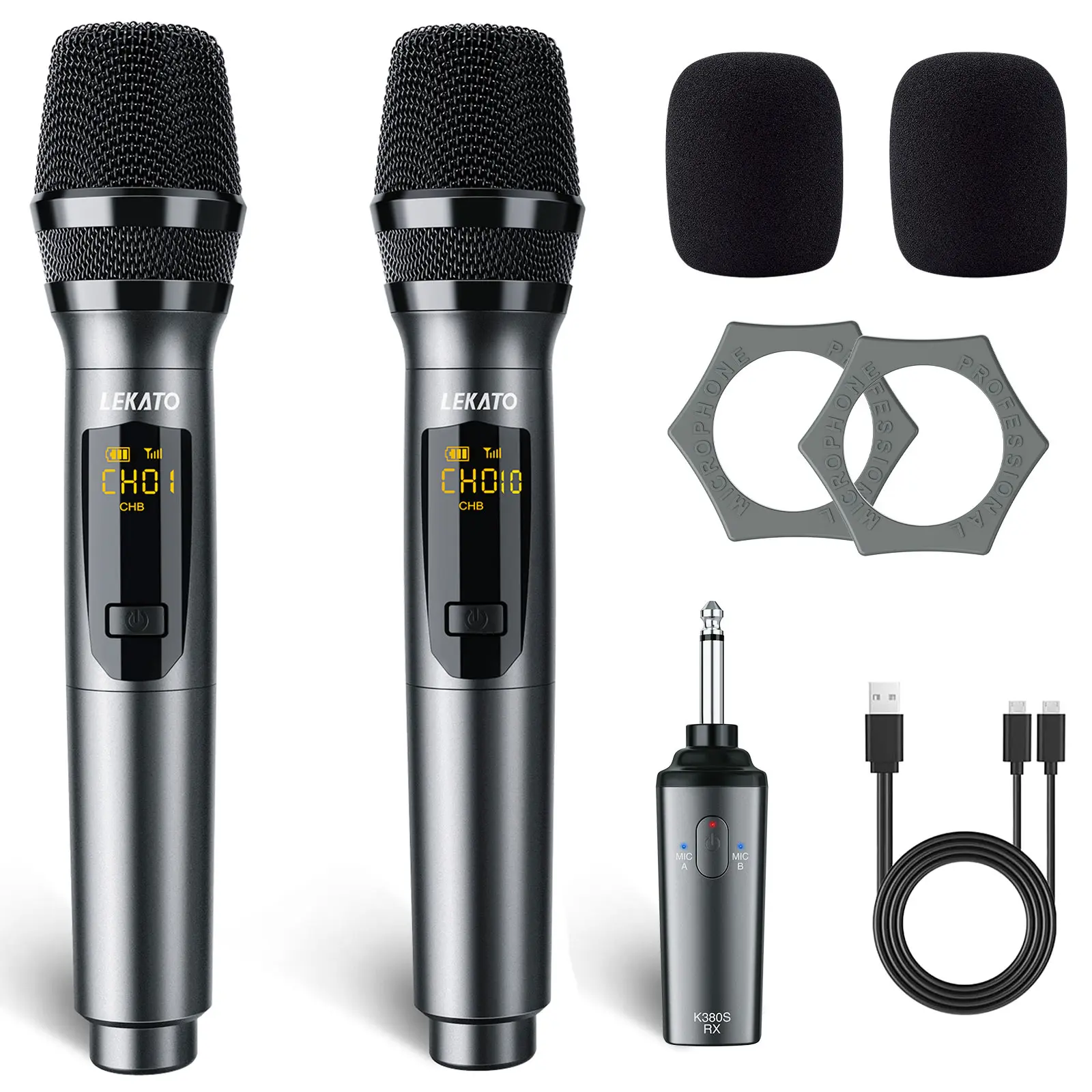 LEKATO K380S Wireless Microphone, Wireless Microphone System Set Dynamic Wireless Microphone Rechargeable Microphone with Receiver for Singing, Karaoke,Speech, Wedding, Church, PA System Speaker