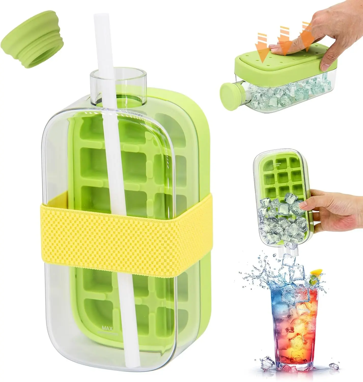 Ice cube bottle Cool summer ice bottle cup, ice cube mold, 800ml 2-in-1 touchless press ice cube mold EasyPress to Release Freezer vertical ice tray, suitable for beverages, outdoor use, and whiskey.