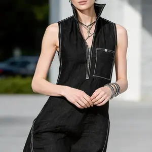 2026 new women's standing collar sleeveless casual loose cotton and linen jumpsuit Black Minimalist Womenswear Fitted