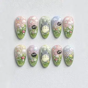 Anime Floral Spring Nail, Kawaii Nail Art, Handmade Press On, Fairytale spring Nail, Totoro Nail, 3D Nail Art