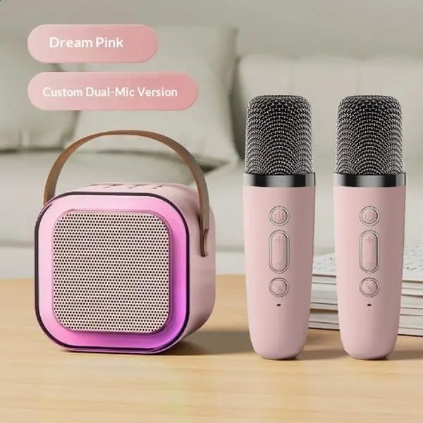 K-MYZS Small Bluetooth speaker，Portable Karaoke System, Mini Wireless Bluetooth BT Speaker with 2 Microphones, LED Nightlight for Party Use (Pink)