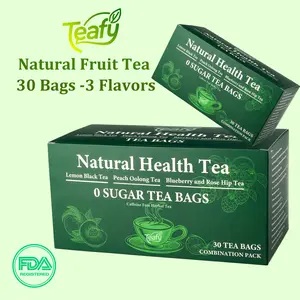 Teafy-3 in 1 Fruit Tea-3 Flavors - Lemon Black Tea&Peach Oolong Tea&Blueberry and Rose Hip Tea-No Sugar, No Caffeine-30 tea bags Beverage Yerba Mate Herbal Tea
