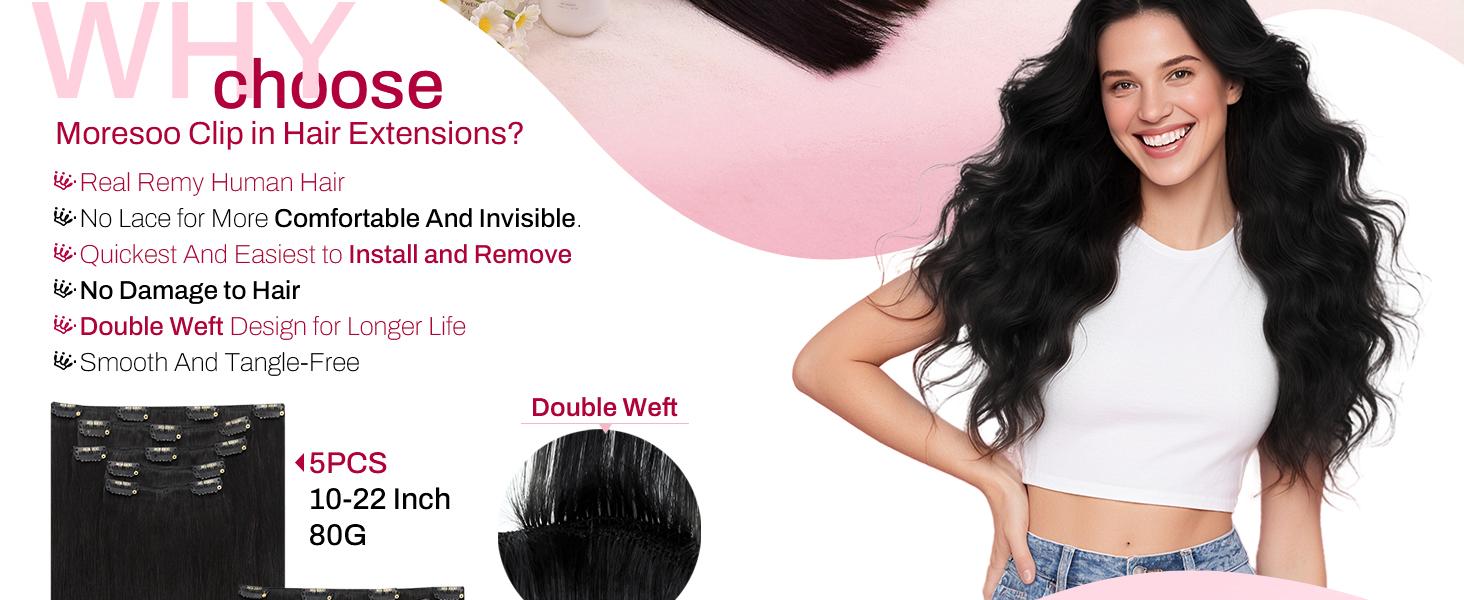 MORESOO Clip-in Hair Extensions Remy Human Hair Natural Straight 10-28inch Invisible Seamless Color Blend Easy Wear Black Hair Clip on for Women SpringStatements