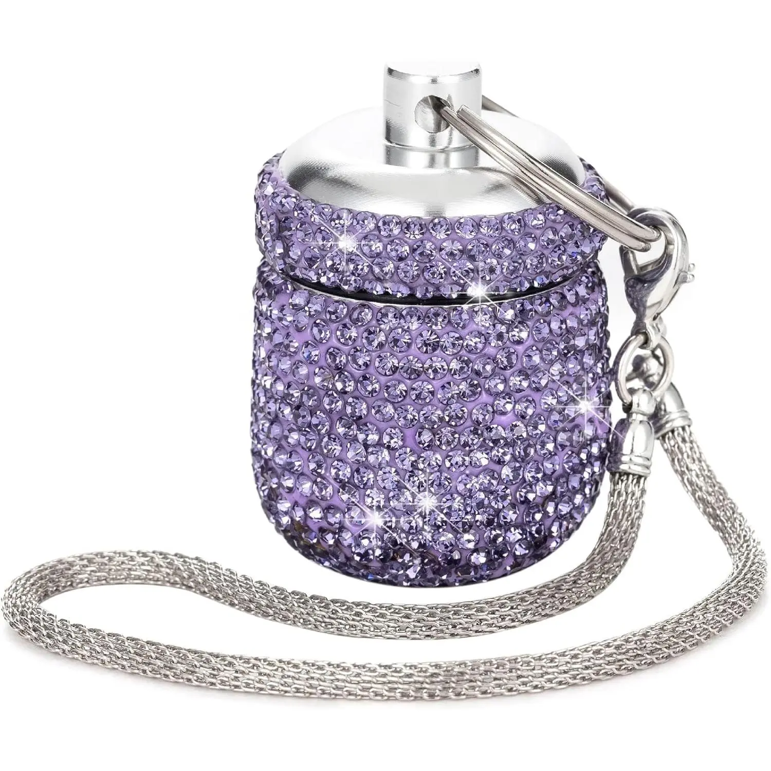 Keychain pill holder bling small pill box for purse portable pill case organizer cute key chain pill container bottle for capsule vitamin supplement (purple)