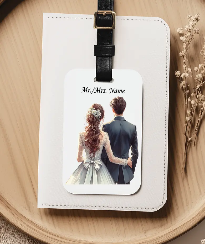 Illustrated Personalized Wedding Luggage Tag - Custom Couple Travel Bag Accessory, Customized Gifts