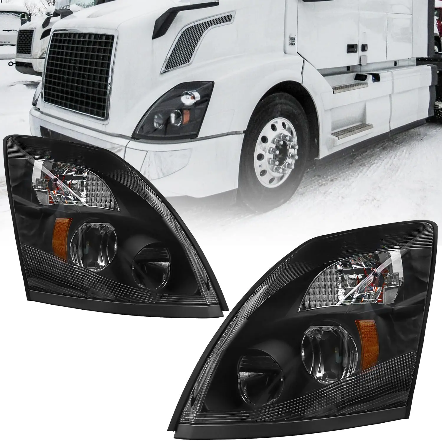 LED High & Low Beam Headlight Assembly for 2004-2014 Volvo VNL VN Truck, Black Housing Replacement Lamp (Left / Right / Pair)